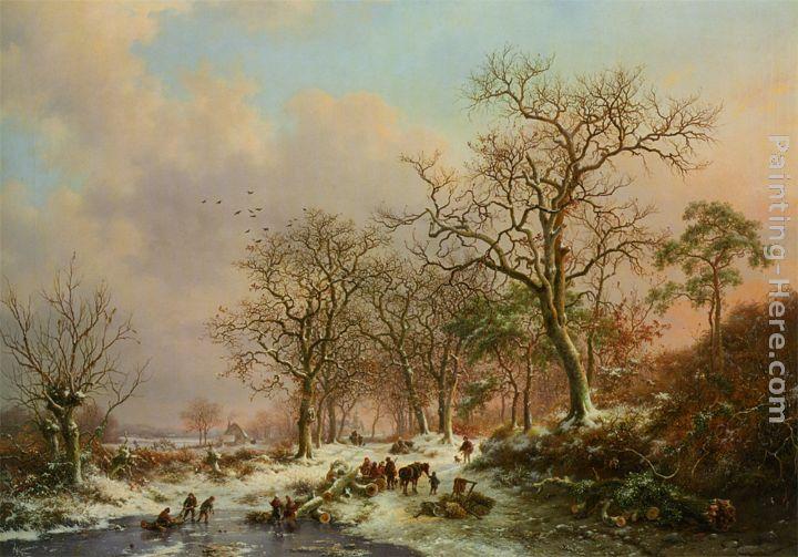 Frederik Marianus Kruseman Wood gatherers in a winter landscape with a castle beyond